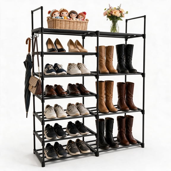 7-Tier Metal Shoe Rack for Entryway, Adjustable Shoe Storage Organizer with Side Hooks, Large Capacity Shoe Shelf, Sturdy Freestanding Shoe Rack for Closet Hallway Bedroom