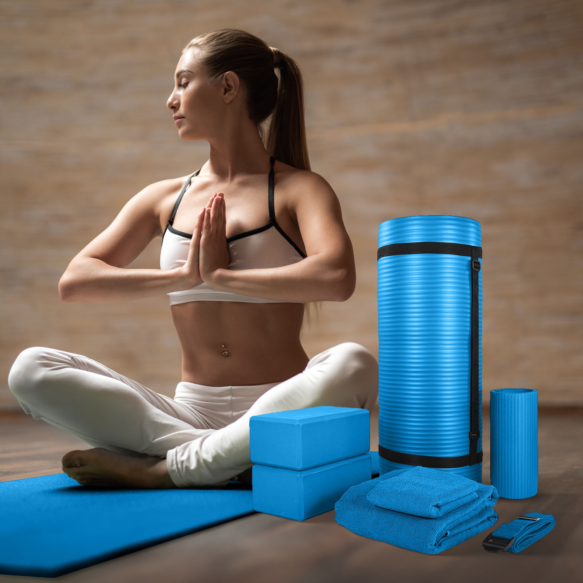 BalanceFrom Complete 7-Piece Yoga Set with 71” x 24” x 1” Extra Thick Mat, Blue