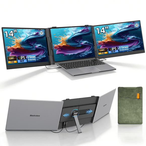 Blackview DCM6 Extensor de Pantalla Triple Portátil, 14" FHD IPS, 2 Monitores USB-C para Laptop de 13"-17", Plug & Play para Windows/Mac/Chrome OS y Móviles