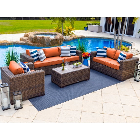 Tuscany 4 Piece XL Resin Wicker Outdoor Patio Conversation Sofa Set with Three-seat Sofa, Loveseat, Armchair, and Coffee Table (Half-Round Brown Wicker, Sunbrella Canvas Tuscan)