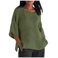 thumbnail image 2 of Women's Round Neck Batwing Sleeve Blouse, Solid Color Loose Casual Cotton Linen Top, Half Sleeve Casual Shirt for Daily Office Summer Wear 01-Army Green M, 2 of 3