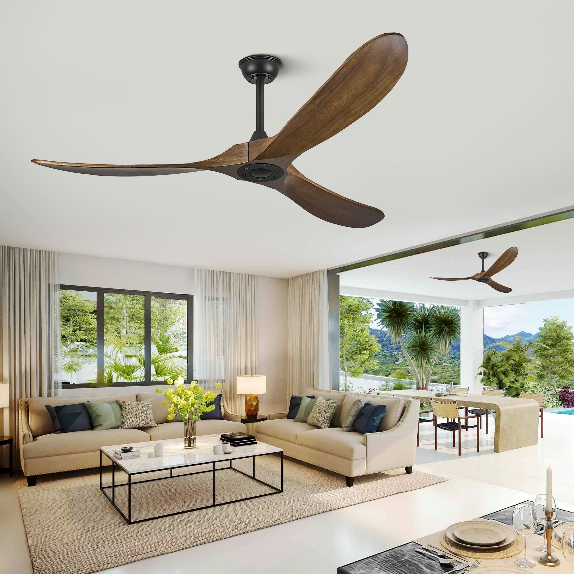 60 Inch Solid Wood Walnut Coastal Farmhouse Indoor Outdoor Patio 3-Blade Ceiling Fans