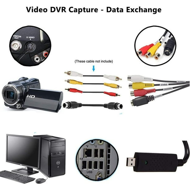 Carte d'acquisition vidéo USB, convertir Hi8 Vhs en DVD numérique pour PC  Windows, adaptateur de numériseur vidéo audio (1 pièce) Th