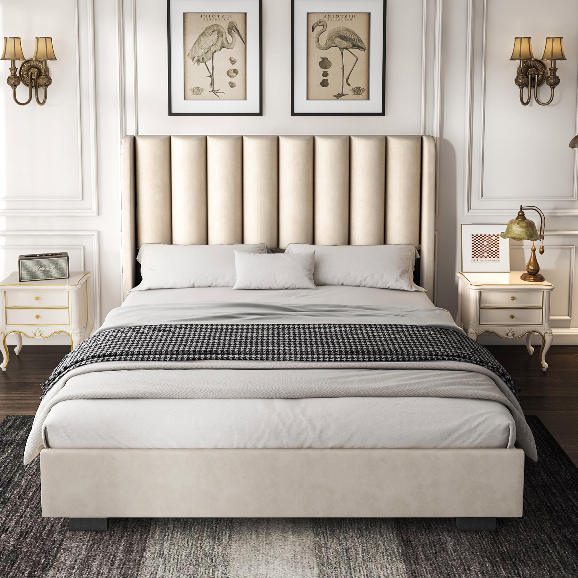 Queen Size Lift Up Storage Bed Frame with 51" Tall Headboard, Upholstered Velvet Wingback Tufted Platform Bed, No Box Spring Required, Noise-Free Queen Bed Frame with Hydraulic System (Queen,Beige)