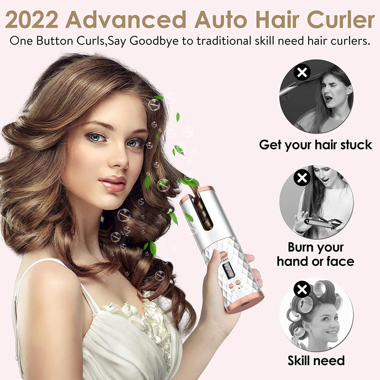 Cordless Hair Curler,Portable Hair Curler,Automatic Curling Iron, Rechargeable Hair Curler with 6 Temp & Timer LCD Display ,Fast Heating & Auto Shut Off Ceramic Rotating Hair Curler(White)