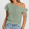 thumbnail image 6 of Miluxas Women's Trendy One Shoulder Blouse - Eyelet Lock Knit Short Sleeve Top with Bow Tie Smocked Hem Solid Tunic Shirts Summer Beach Outfits Green, 6 of 9