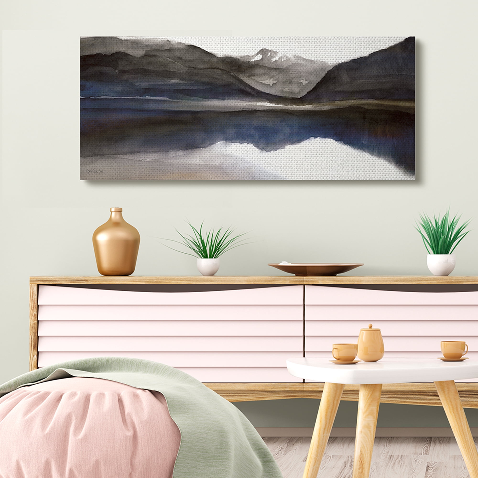 Stupell Industries Lakeside Mountain Range Reflection Watercolor Black Blue Canvas Wall Art, 20 x 48, Design by Stellar Design Studio