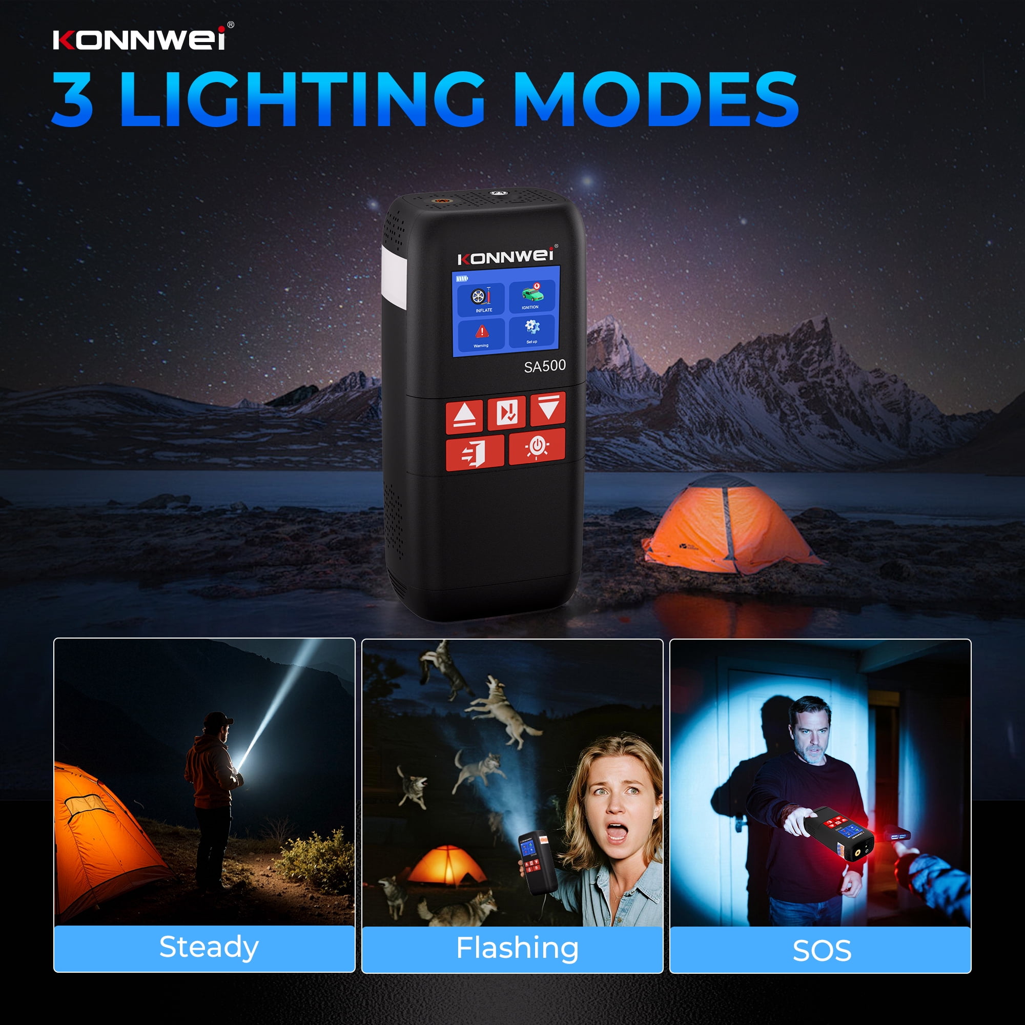 KONNWEI SA500 Jump Starter with Air Compressor, 2000A 10400mAh, 150PSI Tire Inflator, Power Bank LED Light 12V Booster