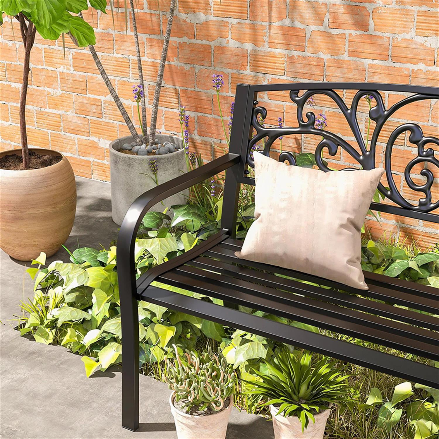 Demi Bonn Patio Garden Bench Metal Park Bench, Outdoor Benches Furniture with Floral Pattern Backrest & Slatted Seat for Patio, Park, Lawn, Yard, Black