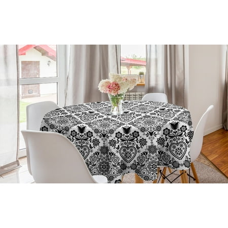 

Floral Round Tablecloth Scandinavian Inspired Pattern of Birds Flowers Swirls Polka Dots and Hearts Circle Table Cloth Cover for Dining Room Kitchen Decor 60 Charcoal Grey White by Ambesonne