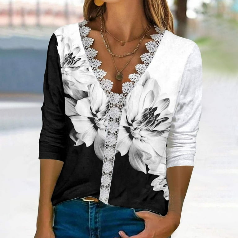 Efsteb Womens Long Sleeve Tops Fall Floral Printed Tops for Women
