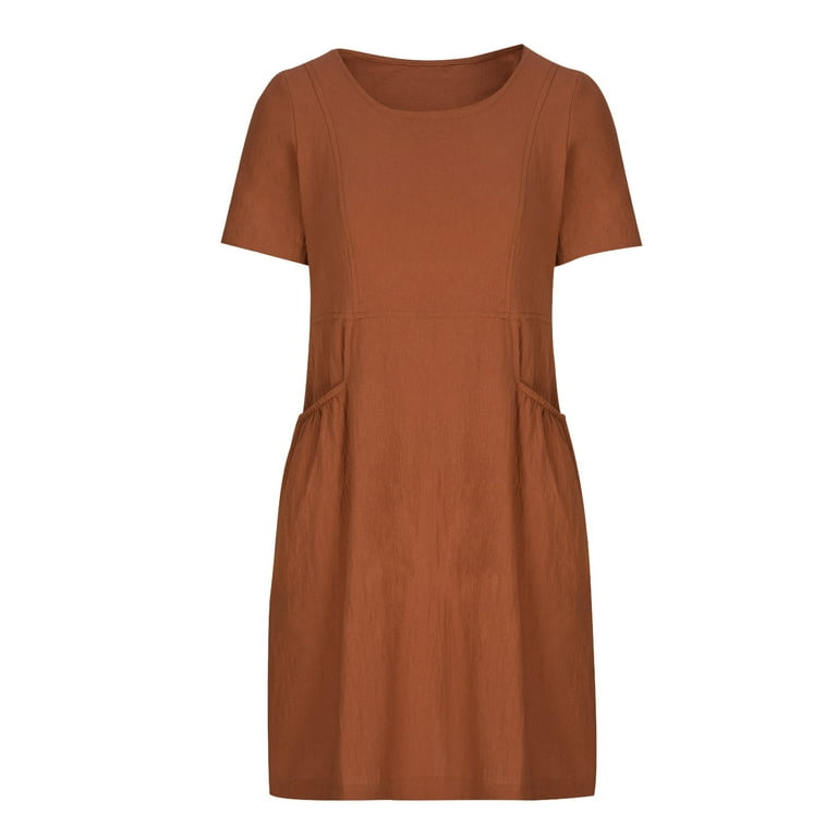 Women's Cotton Linen Midi Dress Crewneck Short Sleeve Causal Loose Tshirt  Dresses with Pockets - Walmart.com