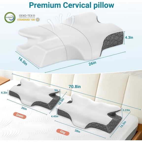 Cervical Neck Pillow for Sleeping, Memory Foam Pillow for Neck Pain Relief, Side Sleeper Cooling Pillows for Adults, Neck Support with Removable Pillowcase for Back & Stomach Sleepers