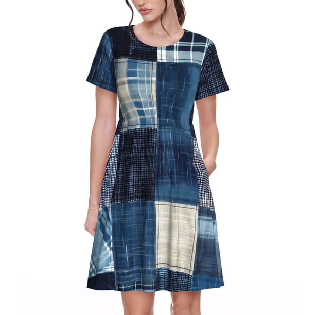 Easygdp Indigo Patchwork Quilt para Vestido Transpirable de Mujer, Vestido Suelto de Manga Corta con Pliegues y Bolsillos para el Verano