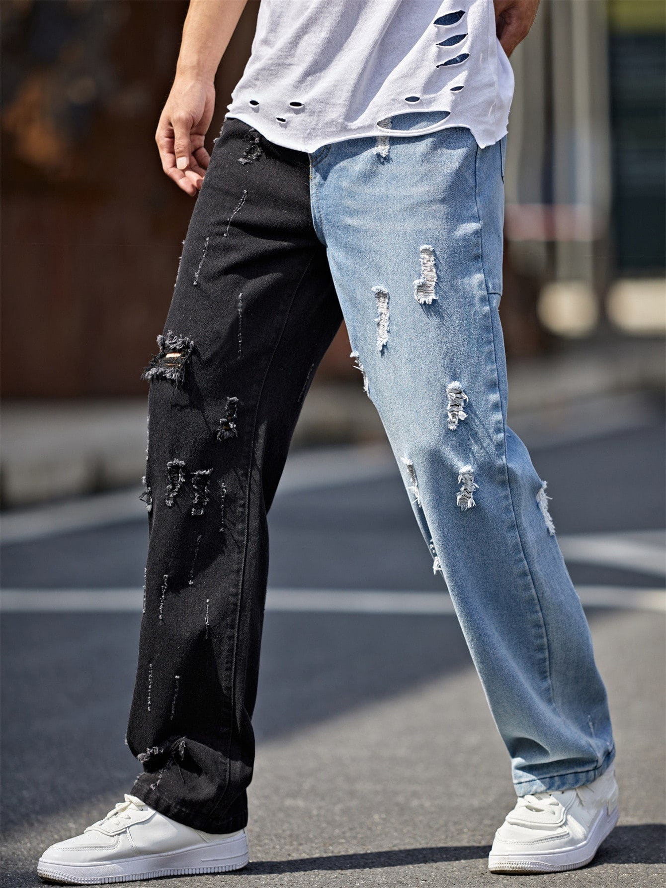 Men Ripped Color Block Straight Leg 