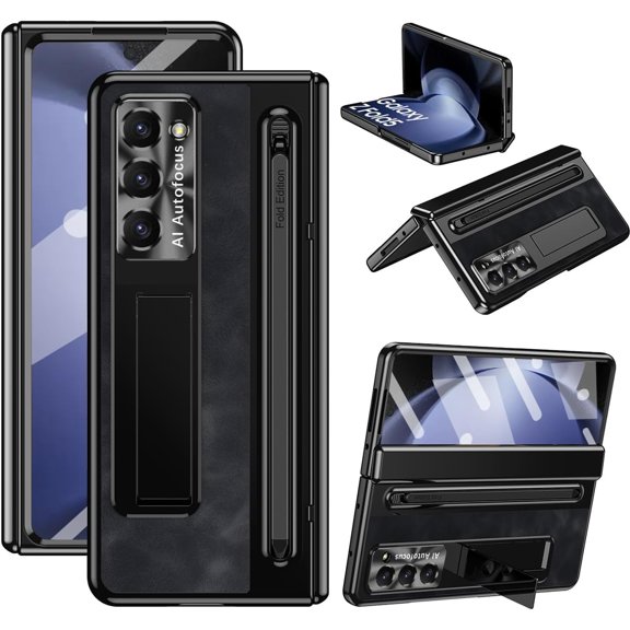 Case for Samsung Galaxy Z Fold 6 with Stylus & S Pen Holder, Kickstand Alloy CD Camera Protector Vintage Classic Leather Mil-Grade Protection Anti-Scratch Shockproof Protective Case, Black
