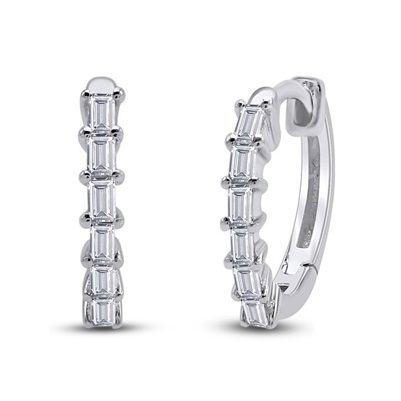 1/4 Carat Baguette Cut White Natural Diamond Huggie Hoop Earring In 10k White Gold (I-J Color, I2-I3 Clarity, 0.27 Cttw)