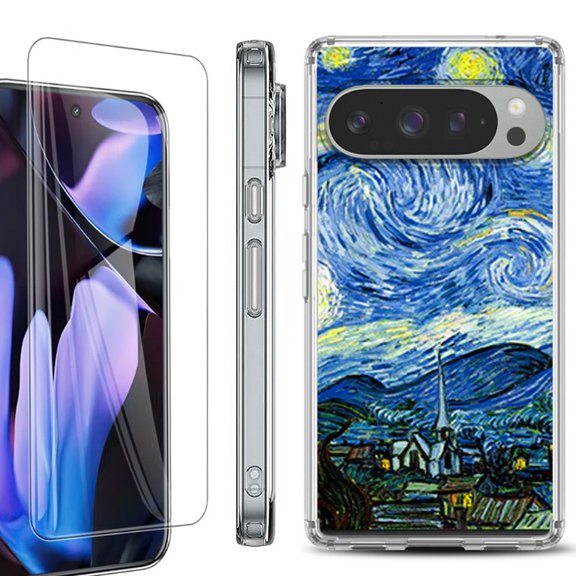 For Google Pixel 9 Pro XL Phone Case Cover, Shockproof Bumper Case with Tempered Glass Screen Protector, by OneToughShield - Starry Night Paris
