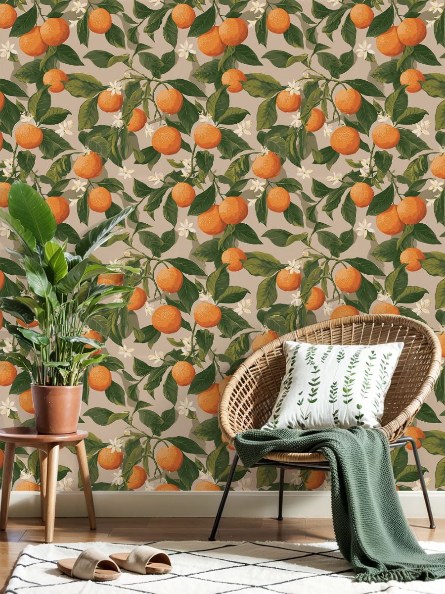Peel and Stick Wallpaper Orange Tree Branches Bright Tangerine Fruits White Wall Mural 23.6in x 9.8ft Self Adhesive Removable Wall Paper Renter Friendly Wallpaper for Nursery Bedroom Cabinets