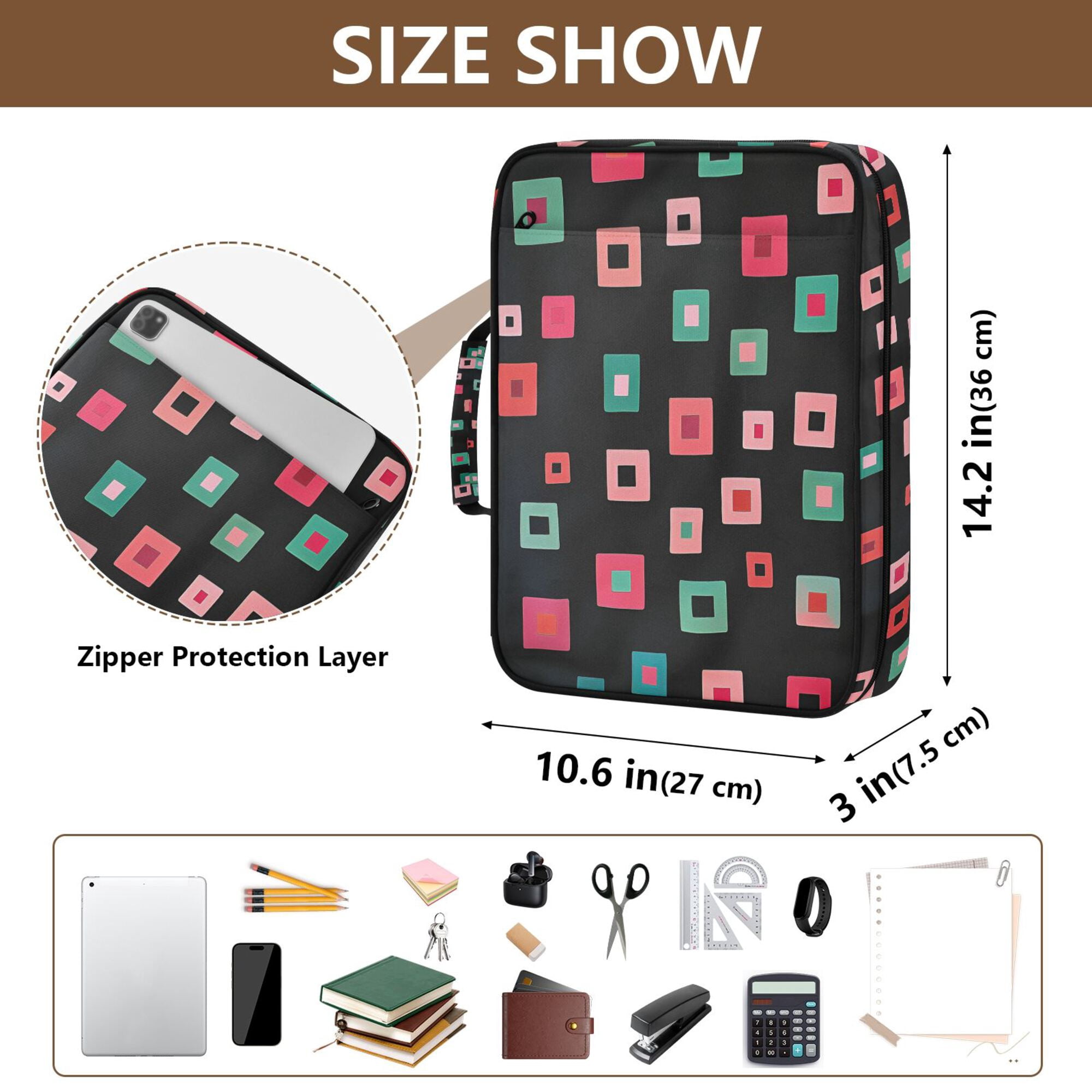 FORMRS Accordion File Folder A4 Size 7-Pocket Expanding Document Organizer Bag with 3 Ring Binder, Red Block Pattern