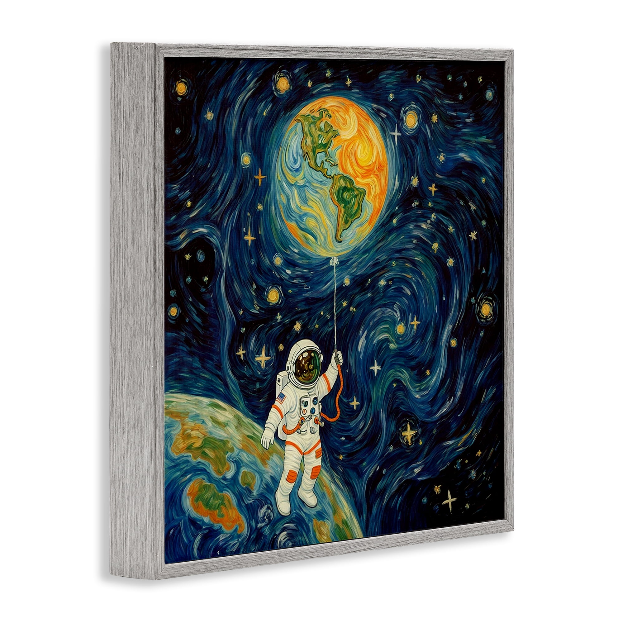 Astronaut with Earth Balloon Gray Framed Giclee Art, design by Angie Hawke
