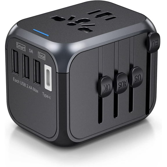 Universal Travel Adapter One International Wall Charger AC Plug Adaptor with 5.6A Smart Power and 3.0A USB Type-C for USA EU UK AUS Travel Plug Adapter, Meromore Travel Adapter with Type C, Black
