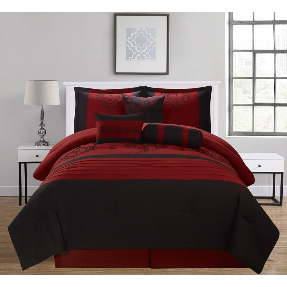 Heba 8PC Comforter Set Extra Soft Oversized Embroidered Bedding Burgundy King Size