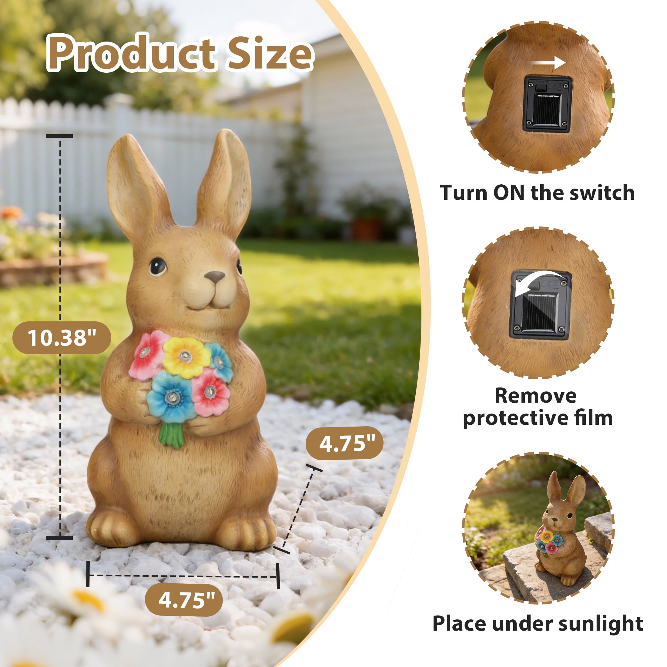 The Growing Ground Solar Bunny Garden Statue with LED Light, Outdoor Resin Rabbit Lawn Decor for Garden, Patio, Pathway, Brown