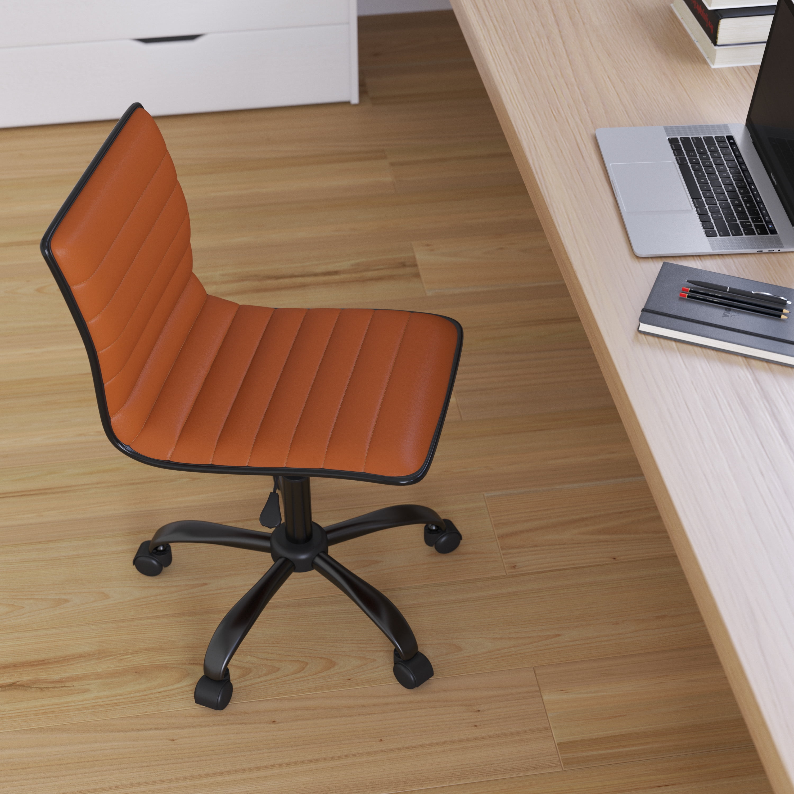 Merrick Lane Home Office Chair Ergonomic Executive Brown Ribbed Low Back Armless Computer Desk Chair - Black Base, Frame & Border