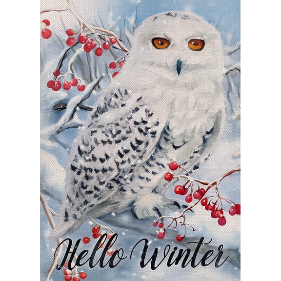 Winter Owl Red Berries Small Garden Flag, Snow House Yard Lawn Decorative Flag, Double Sided Burlap Outdoor Decor, Christmas Farmhouse Style, 12 x 18 Inches