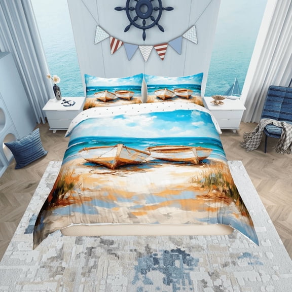 Erosebridal Summer Beach Comforter Cover Twin, Oil Painting Boat Bedding Twin Size, Nautical Theme Bedroom Decor, Reversible 2-Piece (No Comforter)