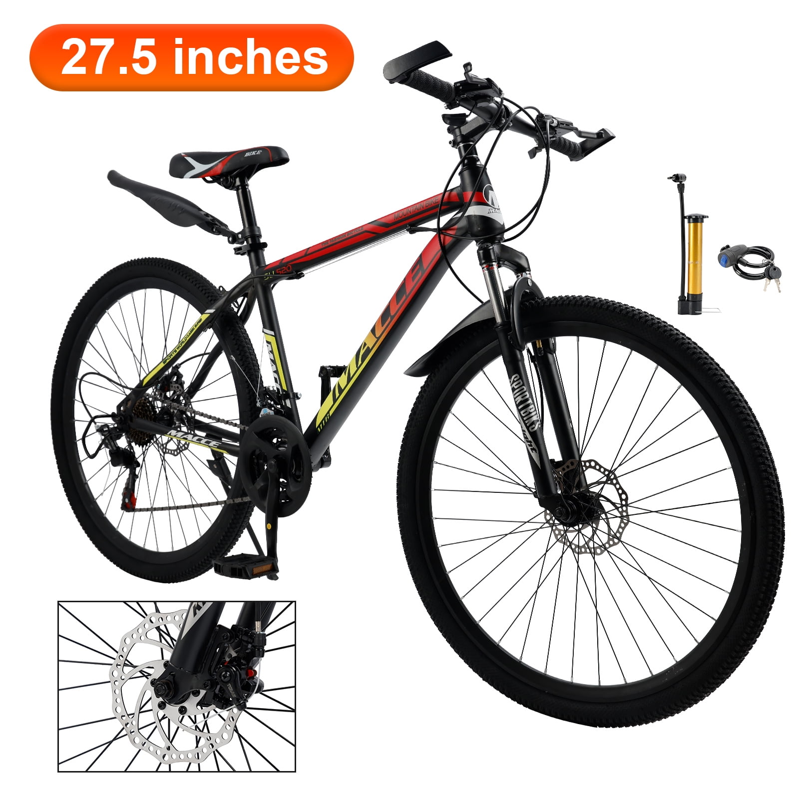 27.5" Spoke Wheel 24 Speed Mountain Bicycle Adult Bike MTB w/ fender Red & Yellow