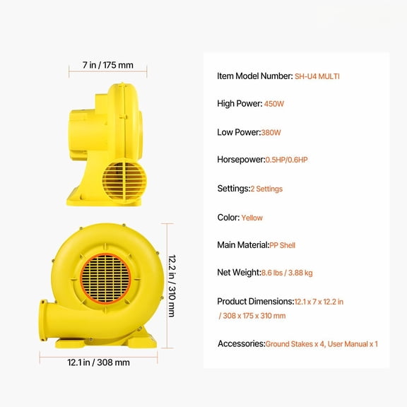 Commercial Inflatable Bounce House Blower - 0.5HP & 0.6HP 450W Air Pump, High-Performance Blower Motor for Bounce Houses, Castle Blower, Party Event Supplies