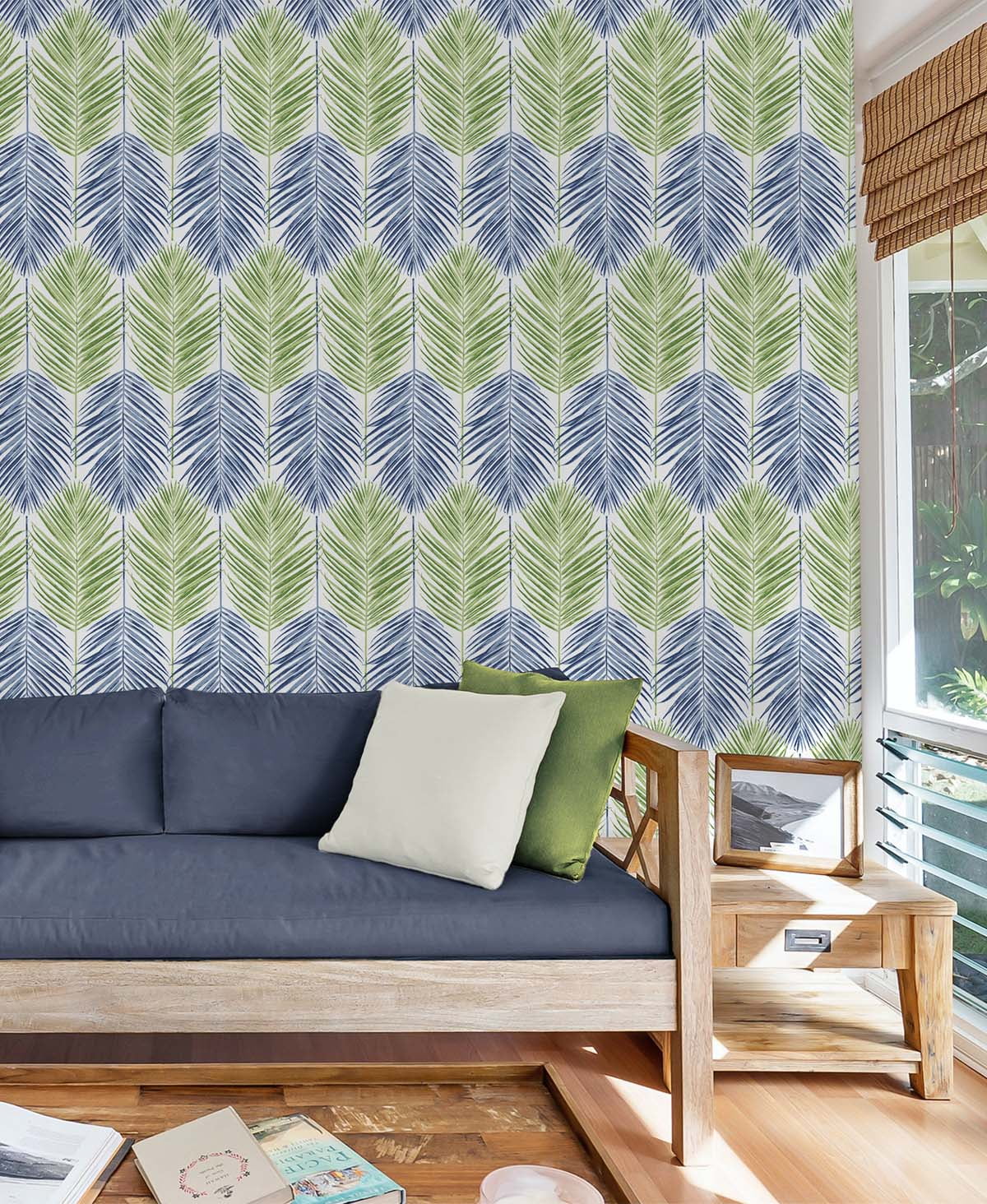 NextWall  Two Toned Palm Peel and Stick Wallpaper 20.5 in. W x 18 ft. L - Coastal Blue & Fern Green