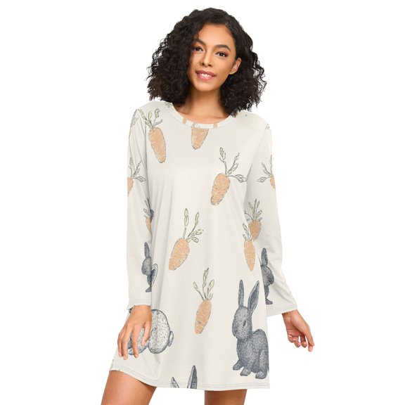 FORMRS Womens Long Sleeve Nightgowns Crew Neck Sleep Shirt Soft Pajamas Sizes S-3XL, Adorable Bunnies
