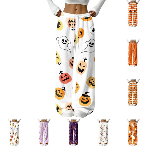 GrmtClth Womens Soft Casual Home Sweatpants Halloween Pumpkin Ghost All‑Over Print Elastic Waist Loose Wide Leg Pants