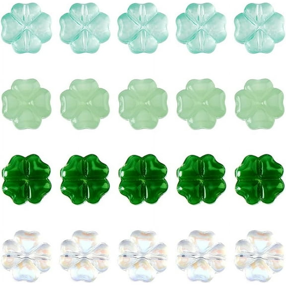 100Pcs 4 Styles Four Leaf Clover Bead 10mm St Patrick's Day Lucky Clover Beads Green Glass Beads Transparent Shamrock Beads for Necklaces Bracelets Earring Jewelry Making Hole: 1mm