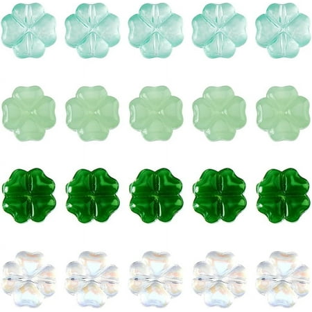 100Pcs 4 Styles Four Leaf Clover Bead 10mm St Patrick's Day Lucky Clover Beads Green Glass Beads Transparent Shamrock Beads for Necklaces Bracelets Earring Jewelry Making Hole: 1mm