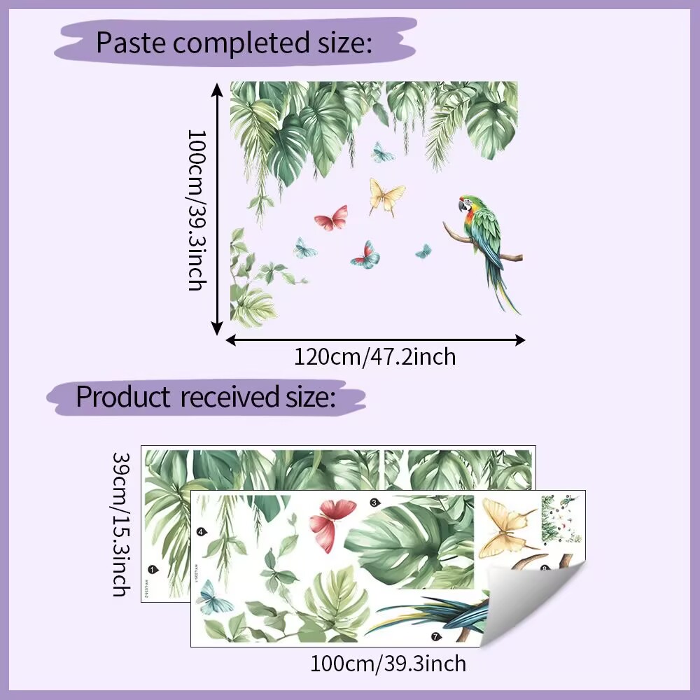 Tropical Plant Birds Wall Decals Stickers, Palm Leaves Parrot Toucan Home Bedroom Decor, Hanging Vines Hibiscus Flower Living Room Kitchen Decorations Art