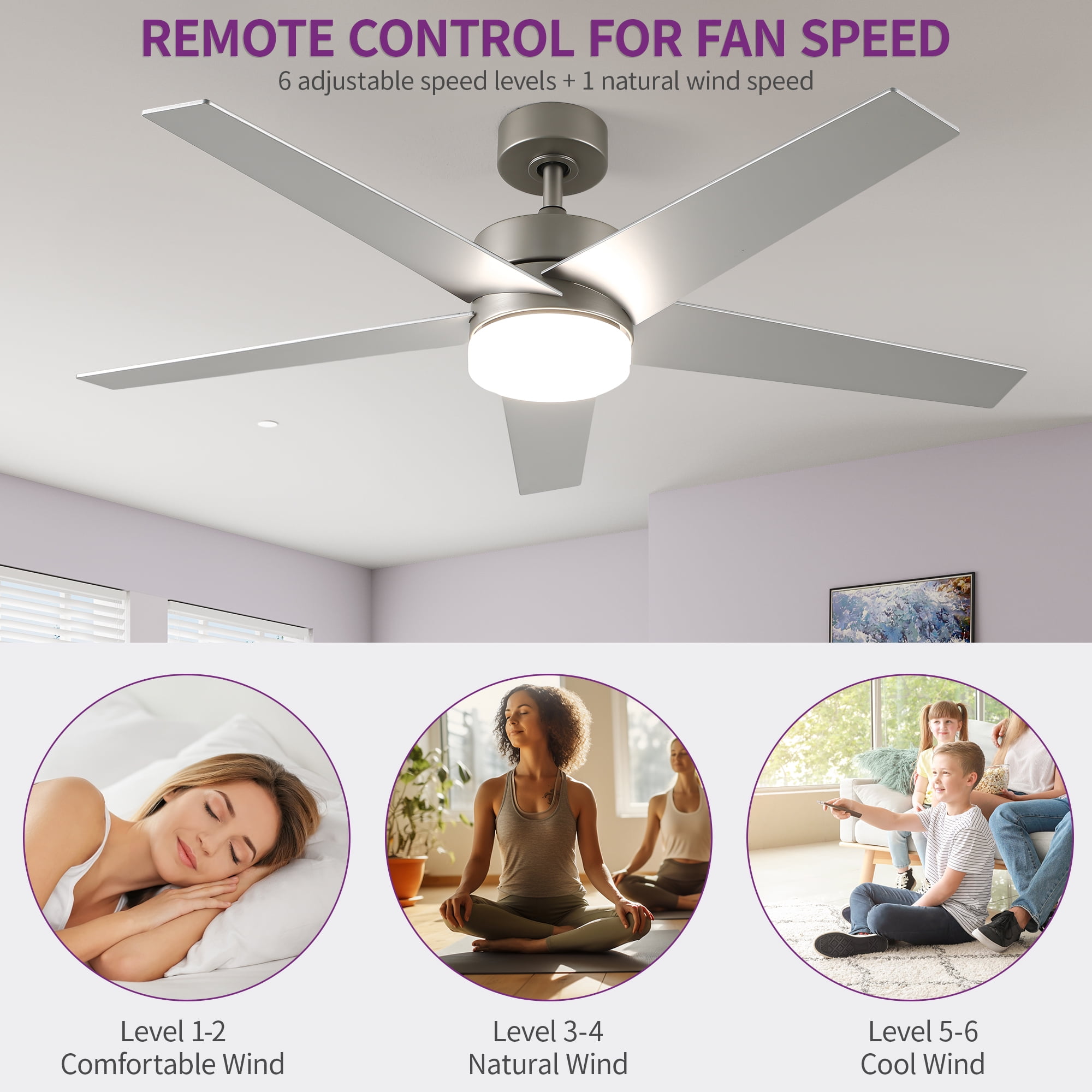 Uforic 52" Modern Ceiling Fan with 5-Blade Ceiling Fan with Dimmable Tri-Color Light for Bedroom, Living Room, Silver