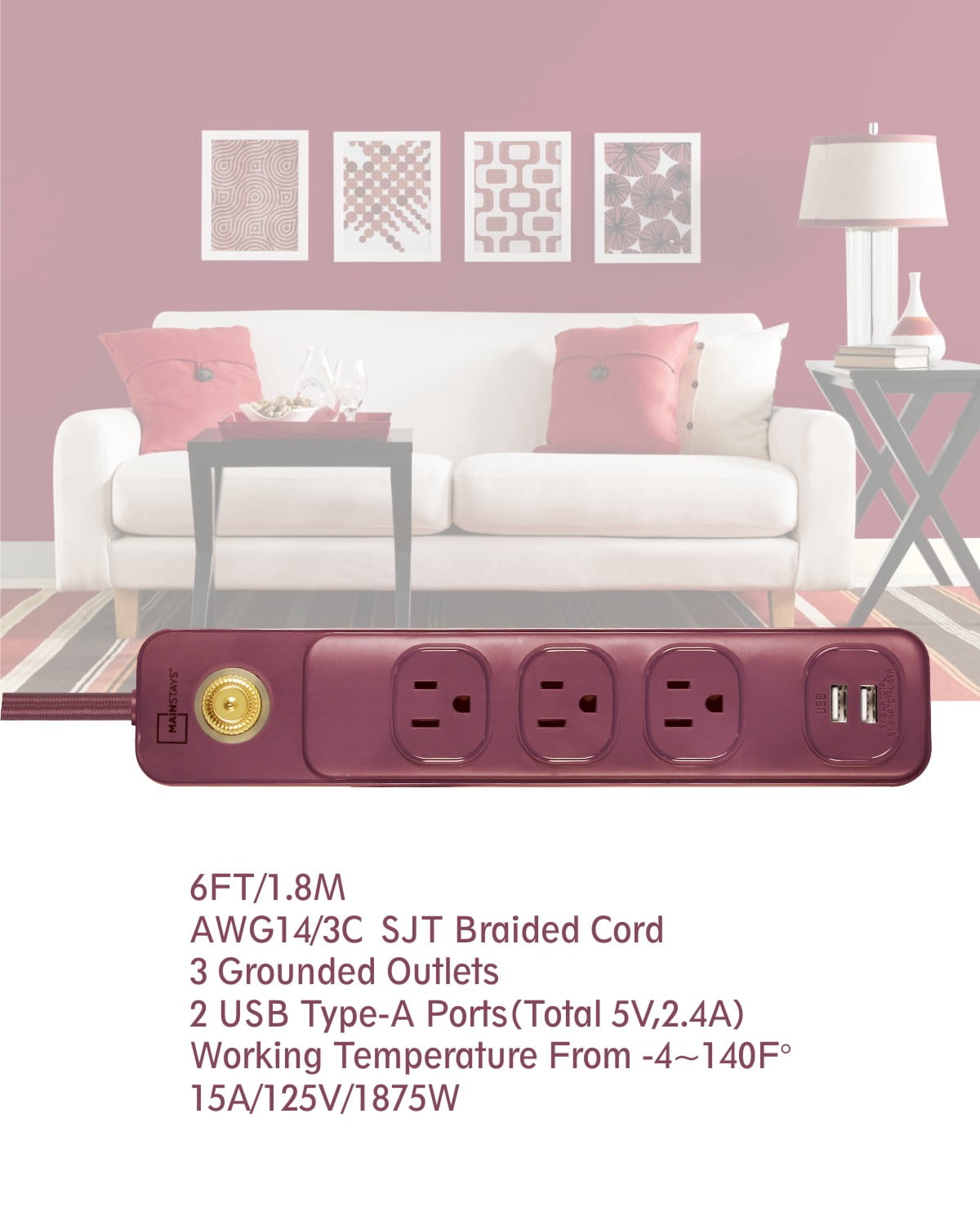 Mainstays 6' 14/3 SJT 3-Outlet Red Burgundy Retro Design Power Strip W/ 2 USB Ports