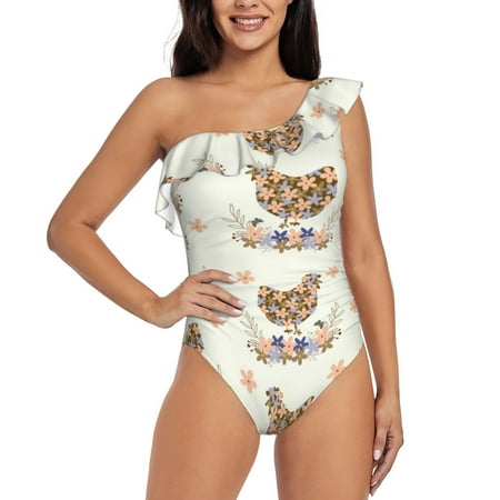 Gukieu Flower Chicken Print One-shoulder Ruffled One-piece Swimsuit with Removable Chest Pads and Tummy-control Swimsuit for Women-Large