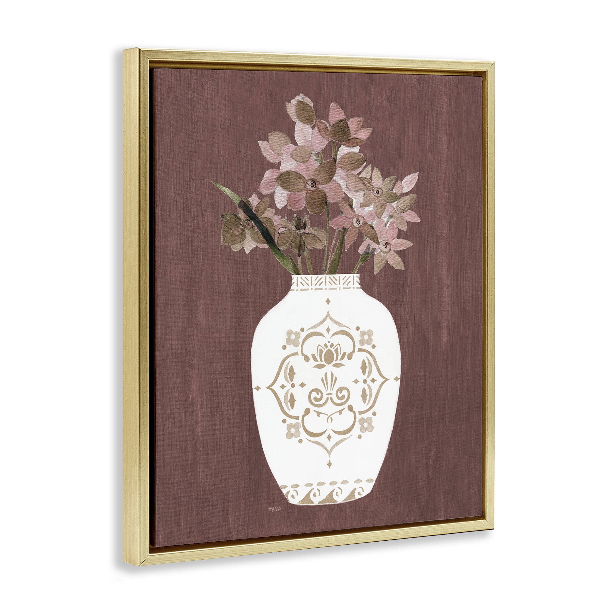 Stupell Industries Ornate Boho Vase Plants & Flowers Painting Gold Floater Framed Canvas Art Print Wall Art, 17 x 21