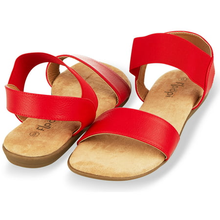 Floopi Sandals for Women | Cute, Open Toe, Wide Elastic Design, Summer Sandals| Comfy, Faux Leather Ankle Straps W/Flat Sole, Memory Foam