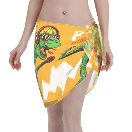 Coaee Cool Dinosaur Playing Guitar Women s Short Sarongs Beach Wrap Sheer Bikini Wraps Chiffon Cover Ups for Beach  Swimming  Holiday