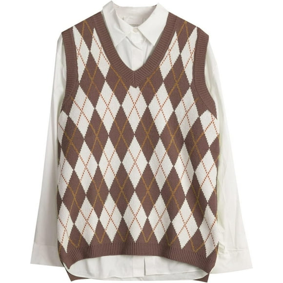 pels Argyle Sweater Vest Women y2k Plaid Knitted Streetwear Preppy Style V Neck Crop Knitwear School Tank Top for Girl White X-Large