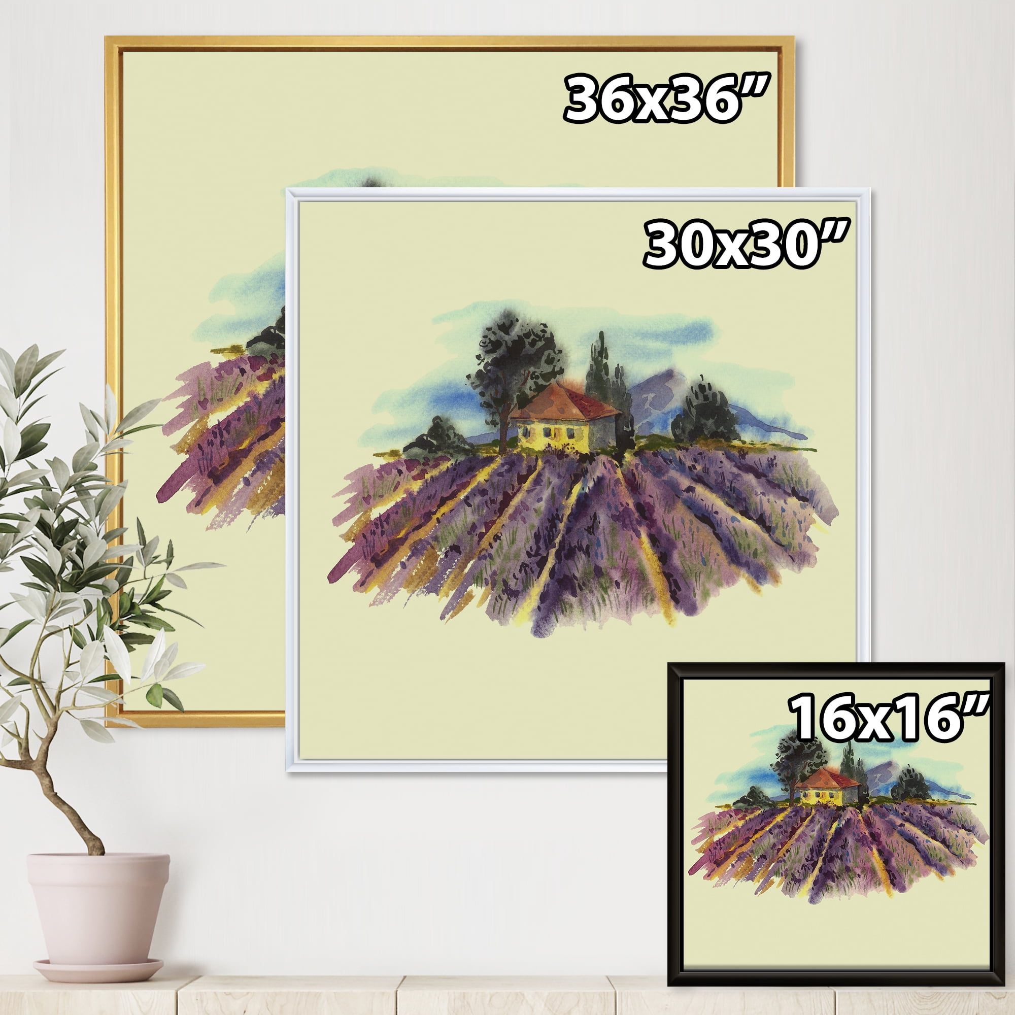 Designart 'Landscape With Blooming Lavender and Village House' Traditional Framed Canvas Wall Art Print