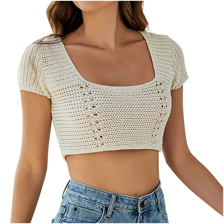 RQYYD Womens Knitted Crop Tops Casual Square Neck Short Sleeve Hollow Out Tee  Shirts Solid Color Tie Back Crochet Knit Tshirts(Beige,M) 