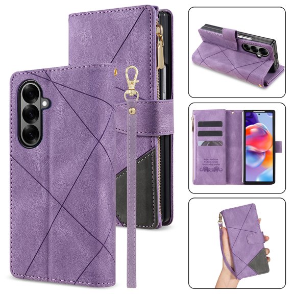 Designed For Samsung Galaxy Z Fold 7 Wallet Cases 9 Card Slots Zipper Purse Leather Card Slot Flip Kickstand Magnetic Closure Cover with Wrist Strap For Samsung Galaxy Z Fold 7, Purple