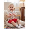 thumbnail image 3 of BemeyourBBs Toddler Baby Boys Back to School Outfit Kids Kindergarten Outfits Baby Boy Summer Clothes Stationery Apple Print Collar Short Sleeve Button Down Shirt Tops and Pockets Shorts Set, 3 of 9